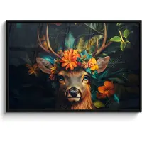 PosterMonkey Poster in lijst - Fotolijst 120x80 cm - Posters - Hert - Bloemen - Natuur - Botanisch - Dier - Posterlijst zwart - Decoratie - Wanddecoratie woonkamer - Muurdecoratie slaapkamer