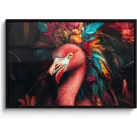 PosterMonkey Poster in lijst - Fotolijst 120x80 cm - Posters - Flamingo - Kleuren - Bloemen - Veren - Posterlijst zwart - Decoratie - Wanddecoratie woonkamer - Muurdecoratie slaapkamer