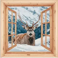 PosterMonkey Poster 30x30 cm - Doorkijk - Hert - Landschap - Winter - Natuur - Dieren - Bergen - Posters - Kamer decoratie - Wanddecoratie woonkamer - Muurdecoratie slaapkamer