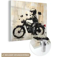 MuchoWow Glasschilderij 90x90 cm - Schilderij acrylglas - Street art - Motor - Jongen - Graffiti - Banksy Style - Foto op glas - Muurdecoratie woonkamer - Wanddecoratie slaapkamer - Schilderijen