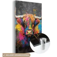 MuchoWow Glasschilderij 120x180 cm - Schilderij acrylglas - Graffiti - Schotse hooglander - Koe - Kleurrijk - Foto op glas - Muurdecoratie woonkamer - Wanddecoratie slaapkamer - Schilderijen