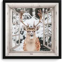 PosterMonkey Poster in lijst - Fotolijst 40x40 cm - Posters - Doorkijk - Hert - Sneeuw - Winter - Bos - Dieren - Natuur - Posterlijst zwart - Decoratie - Wanddecoratie woonkamer - Muurdecoratie slaapkamer