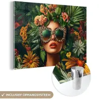 MuchoWow Glasschilderij 180x120 cm - Schilderij acrylglas - Vrouw - Panterprint - Jungle - Natuur - Luxe - Foto op glas - Muurdecoratie woonkamer - Wanddecoratie slaapkamer - Schilderijen