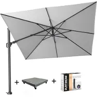 Platinum Challenger T2 zweefparasol 300x300 cm lichtgrijs met parasolvoet 90kg en hoes