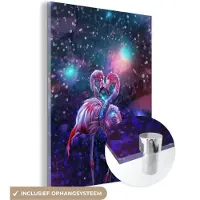 MuchoWow Glasschilderij 120x160 cm - Schilderij acrylglas - Flamingo's - Dieren - Ruimte - Galaxy - Foto op glas - Muurdecoratie woonkamer - Wanddecoratie slaapkamer - Schilderijen