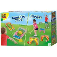 SES Creative SES - Croquet and pittenzak gooien - 2-in-1 spellen - echt houten onderdelen met vrolijke illustraties - in handige bewaartas