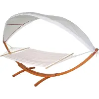 MCW Hangmat -J47, hangende schommel tot 200kg luifel MVG houten frame 420cm 2 personen ~ bruin, crème-wit