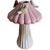 DK Design Daan Kromhout - Vaas - Paddenstoel - Met Vogeltjes - Creme - Roze -16x25cm