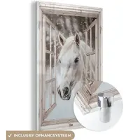 MuchoWow Glasschilderij 60x90 cm - Schilderij acrylglas - Paard - Wit - Winter - Sneeuw - Doorkijk - Dieren - Foto op glas - Muurdecoratie woonkamer - Wanddecoratie slaapkamer - Schilderijen