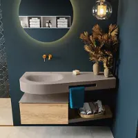 Mondiaz riva 120 cm badmeubel onderkast /planchet kleur washed_oak met 1 lade. Wastafel dulcet links 0 kraangaten kleur smoke.