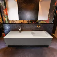 Mondiaz Badkamermeubelset erin 150 cm met 1 lade met ridge wastafel rechts linen zonder kraangaten greeploos mat dark grey