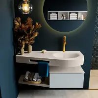 Mondiaz riva 120 cm badmeubel onderkast /planchet kleur clay met 1 lade. Wastafel dulcet rechts 1 kraangat kleur linen.