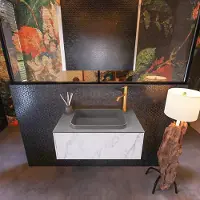 Mondiaz Badkamermeubelset Erin 80 cm met 1 Lade met RIDGE Wastafel Midden Dark grey met 1 kraangat Greeploos Mat Carrara