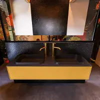 Mondiaz Badkamermeubelset erin 150 cm met 1 lade met ridge wastafel dubbel urban met 2 kraangaten greeploos mat ocher
