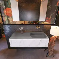 Mondiaz Badkamermeubelset erin 120 cm met 1 lade met ridge wastafel rechts dark grey zonder kraangaten greeploos mat carrara