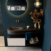 Mondiaz RIVA 120cm badmeubel onderkast / planchet kleur Linen met 1 lade. Wastafel DULCET links 0 kraangaten kleur Urban.