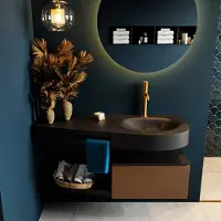 Mondiaz riva 120 cm badmeubel onderkast /planchet kleur rust met 1 lade. Wastafel dulcet rechts 1 kraangat kleur urban.