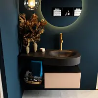 Mondiaz riva 100 cm badmeubel onderkast /planchet kleur rosee met 1 lade. Wastafel dulcet rechts 1 kraangat kleur urban.