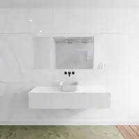 Mondiaz Badkamermeubelset LAGOM 150 cm met Topblad Gecentreerde Wastafel Solid Surface Opzetkom Binx Zonder Kraangaten Mat Wit (1 lade)