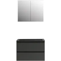 Boss & Wessing Badkamermeubel BWS Pepper Wastafel Acryl Mat Zwart Incl Spiegelkast 2 Deurs Met Kraangat 80x55x46 cm Antraciet