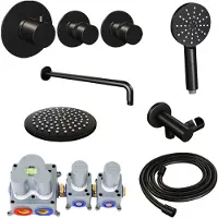 Brauer Black Edition thermostatische inbouw regendouche SET 09 met 20 cm douchekop en gebogen muurarm en 3-standen handdouche en doucheslang en wandaansluitbocht mat zwart