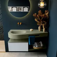 Mondiaz riva 120 cm badmeubel onderkast /planchet kleur clay met 1 lade. Wastafel dulcet links 0 kraangaten kleur army.