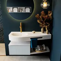 Mondiaz riva 120 cm badmeubel onderkast /planchet kleur clay met 1 lade. Wastafel dulcet links 1 kraangat kleur talc.