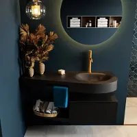 Mondiaz riva 120 cm badmeubel onderkast /planchet kleur urban met 1 lade. Wastafel dulcet rechts 1 kraangat kleur urban.