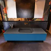 Mondiaz Badkamermeubelset erin 150 cm met 1 lade met ridge wastafel midden dark grey zonder kraangaten greeploos mat jeans