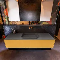Mondiaz Badkamermeubelset erin 150 cm met 1 lade met ridge wastafel midden dark grey zonder kraangaten greeploos mat ocher