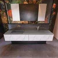 Mondiaz Badkamermeubelset erin 200 cm met 2 lades met ridge wastafel links dark grey zonder kraangaten greeploos mat carrara