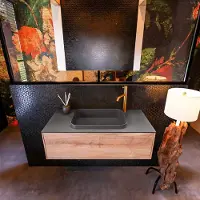 Mondiaz Badkamermeubelset Erin 100 cm met 1 Lade met RIDGE Wastafel Midden Dark grey met 1 kraangat Greeploos Mat Washed Oak