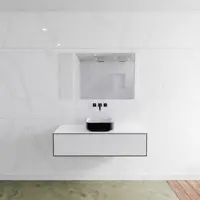 Mondiaz Badkamermeubelset LAGOM 120 cm Topblad met Gecentreerde Wastafel Solid Surface Opzetkom Binx Zonder Kraangaten Mat Zwart (1 lade)