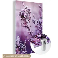 MuchoWow Glasschilderij 60x90 cm - Schilderij acrylglas - Lavendel - Winter - Bloemen - Paars - Foto op glas - Muurdecoratie woonkamer - Wanddecoratie slaapkamer - Schilderijen