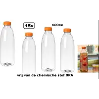 Themaparty 15x Flesje PET helder 500cc met oranje dop - drinken jus sinas cola sappen dranken