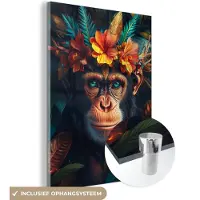 MuchoWow Glasschilderij 60x80 cm - Schilderij acrylglas - Chimpansee - Aap - Jungle - Bloemen - Dier - Foto op glas - Muurdecoratie woonkamer - Wanddecoratie slaapkamer - Schilderijen