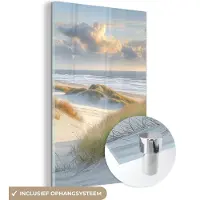 MuchoWow Glasschilderij 100x150 cm - Schilderij acrylglas - Strand - Duinen - Helmgras - Waddenzee - Foto op glas - Muurdecoratie woonkamer - Wanddecoratie slaapkamer - Schilderijen