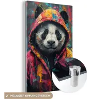 MuchoWow Glasschilderij 40x60 cm - Schilderij acrylglas - Graffiti - Panda - Jas - Kleurrijk - Street art - Foto op glas - Muurdecoratie woonkamer - Wanddecoratie slaapkamer - Schilderijen
