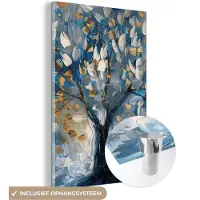 MuchoWow Glasschilderij 40x60 cm - Schilderij acrylglas - Boom - Blauw - Goud - Abstract - Foto op glas - Muurdecoratie woonkamer - Wanddecoratie slaapkamer - Schilderijen