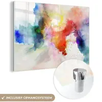 MuchoWow Glasschilderij 90x60 cm - Schilderij acrylglas - Waterverf - Regenboog - Abstract - Kunst - Kleuren - Foto op glas - Muurdecoratie woonkamer - Wanddecoratie slaapkamer - Schilderijen