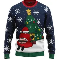 JAP Christmas Interactieve Kersttrui (maat S) - 100% Gerecycled - Kriebelt niet - Kerstcadeau volwassenen - Foute Kersttrui dames en heren - Santastring - Blauw
