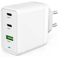 Ntech USB C Adapter 65W oplader - Snellader - met 1x USB A en 2x USB C poorten - Universeel - Wit