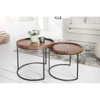 Invicta Set van 2 bijzettafels ELEMENTS 55cm massief acaciahout steenafwerking rond metalen frame zwart - 36743