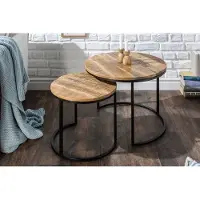Invicta industrieele set van 2 bijzettafels ELEMENTS 60cm massief mangohout rond zwart metalen frame - 39656