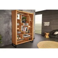 Invicta Massief houten boekenkast CUBUS 190 cm acaciahoningafwerking metalen poten zwarte staande plank - 43742
