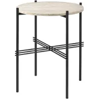 Gubi TS Outdoor bijzettafel Natural white, zwart onderstel, travertijn