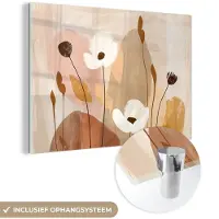 MuchoWow Glasschilderij 60x40 cm - Schilderij acrylglas - Bloemen - Abstract - Beige - Line art - Foto op glas - Muurdecoratie woonkamer - Wanddecoratie slaapkamer - Schilderijen