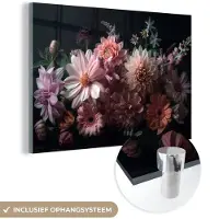 MuchoWow Glasschilderij 60x40 cm - Schilderij acrylglas - Bloemen - Kleurrijk - Roze - Modern - Foto op glas - Muurdecoratie woonkamer - Wanddecoratie slaapkamer - Schilderijen