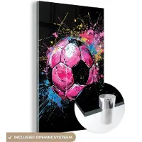 MuchoWow Glasschilderij 60x90 cm - Schilderij acrylglas - Graffiti - Sport - Voetbal - Bal - Roze - Foto op glas - Muurdecoratie woonkamer - Wanddecoratie slaapkamer - Schilderijen