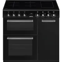Smeg Fornuis met Inductie Kookplaat Fornuis, 90x60 cm, Classici, Concerto, Zwart, Type kookplaat: Inductie, Type primaire oven: Thermogeventileerd, Type secundaire oven: Thermogeventileerd, A, B
